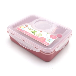 Boîte à déjeuner en plastique rose à compartiments avec quatre fermoirs et couvercle clair