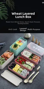 Three-layer eco-friendly wheat straw lunch box sets in green, pink, and beige with cutlery