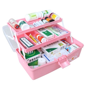 Detailed tiered interior of a 3-layer pink medicine storage box with organizer compartments