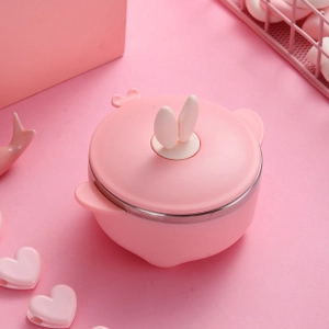 Close-up of pink rabbit-ear lid and 304 stainless steel interior of kids bento box