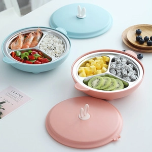 Three-grid 304 stainless steel lunch box with rabbit-ear lids and portable handles
