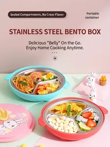 Three-grid 304 stainless steel lunch box with cartoon bunny lid and portable handles