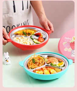 Three-grid stainless steel kids lunch plate with insulated shell and cute bunny lid