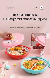 Detailed view of 3-compartment stainless steel kids lunch box with cute rabbit lid
