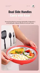 Close-up of a divided 304 stainless steel lunch plate with three food compartments