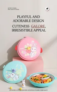 Detail of cartoon bunny kids bento lunch box with 3-compartment stainless steel tray