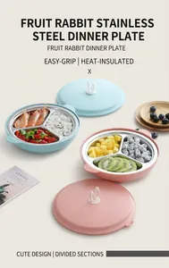 Three-grid stainless steel kids plate set with cute rabbit ear lids and food serving