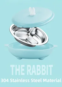 Vertical view showing 3-compartment 304 stainless steel tray with rabbit lid and blue base