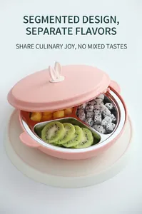 Detail of pink 3-compartment stainless steel kids lunch box with cute white bunny ears