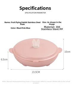 Dimensions of pink 304 stainless steel kids meal plate with bunny ear handles