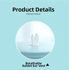 Close-up of rabbit ear air vent detail on light blue stainless steel kids lunch plate