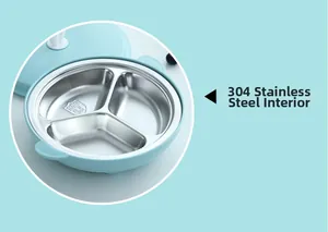 Detail of 3-compartment light blue tray with premium 304 stainless steel food-grade liner