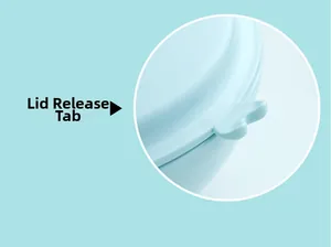 Detail view showing the easy-open tab on the light blue lid of the stainless steel kids plate