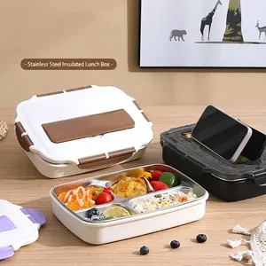 304 stainless steel lunch box with 4 compartments and lid used as a phone holder