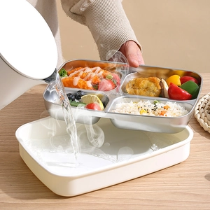 SUS304 stainless steel lunch box with 4 compartments featuring hot water heating function