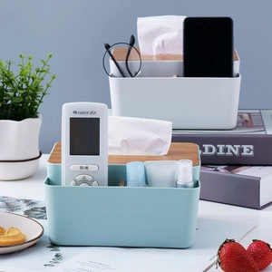 Multifunctional desktop tissue box with wood lid and storage compartments for home office