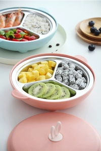 Close-up of divided stainless steel kids lunch box with cute bunny ear lids