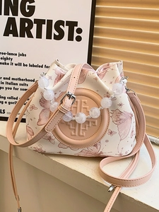 New Chinese style bucket bag with pink butterfly prints and pearl beaded handle