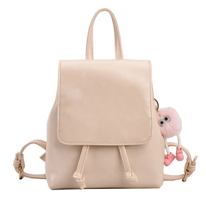 Beige faux leather backpack for women with drawstring detail and pink plush charm