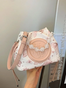 New Chinese-style white bucket bag with butterfly print and marble bead handle strap