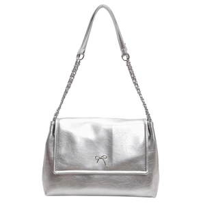 Silver metallic soft leather tote bag with bow buckle and chain strap on white background