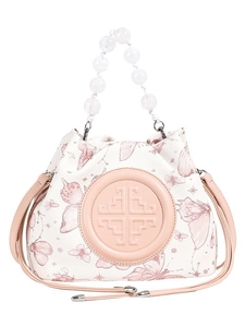 White canvas bucket bag with pink butterfly prints and transparent beaded handle
