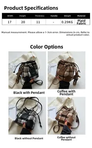 Detail view of plaid bucket bag features and dimensions including strap and bear charm