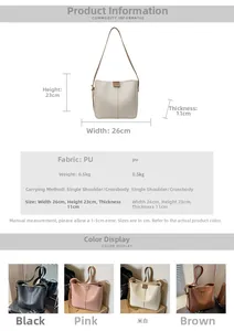 Size diagram and specifications for the minimalist PU leather bucket crossbody handbag