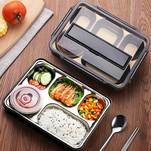 Five-compartment stainless steel lunch box with soup bowl and fresh food ingredients