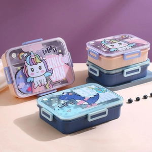 Detail of insulated lunch box featuring leak-proof seals and cartoon unicorn designs