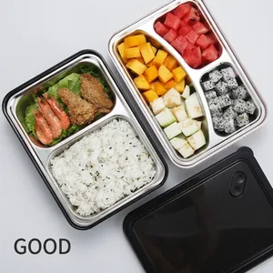 Top view of 304 stainless steel lunch box with compartments for rice, prawns, and fruit