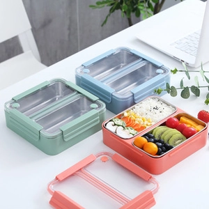 Three-color 304 stainless steel lunch boxes with partitioned compartments and sealed lids