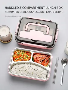 Three-compartment 304 stainless steel lunch box with pink base and food-grade dividers
