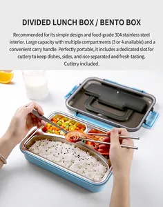 Close-up of blue 304 stainless steel bento box with three compartments and cutlery storage
