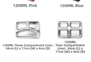 Detailed specs of SUS304 stainless steel 1200ML bento box with 3 and 4 compartments