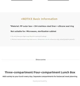 Detailed specs of 304 stainless steel bento box with PP shell and silicone seal ring