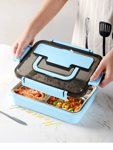 Close-up of 304 stainless steel lunch box with four compartments and secure side buckles