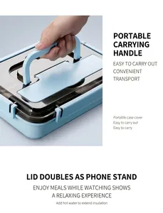 Blue lunch box lid with foldable handle and built-in smartphone stand holder function