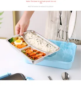 Close-up showing hot water pouring into blue thermal lunch box for food warming