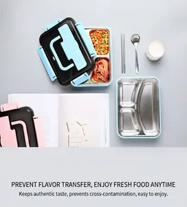 Detail view of 304 stainless steel lunch box with multi-compartments and handle