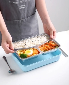 Detailed close-up of 304 stainless steel lunch box with three compartments and blue casing