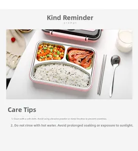 Detail of pink bento box with 304 stainless steel compartments and cutlery set