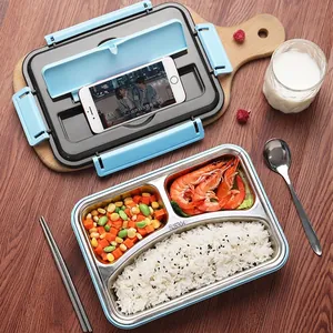3-compartment 304 stainless steel lunch box in blue with phone holder lid design