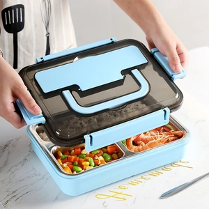 304 Stainless steel lunch box with four compartments and portable blue handle lid