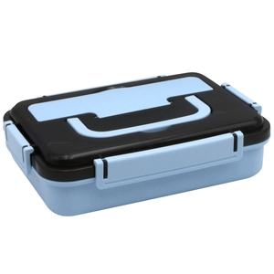 Blue 304 stainless steel lunch box with black lid and portable folding handle