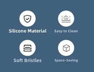 Features of silicone cleaning brush including soft bristles and space-saving design