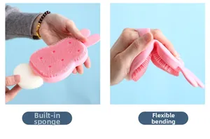 Pink rabbit silicone brush with built-in sponge and flexible soft texture for cleaning