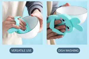 Close-up of bunny-shaped silicone scrub brush bristles used for washing dishes