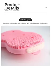 Detailed view of pink silicone bath brush with built-in foam sponge for lathering