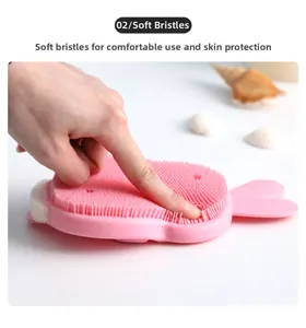 Close-up of soft pink silicone bristles and foaming sponge on cute rabbit bath brush